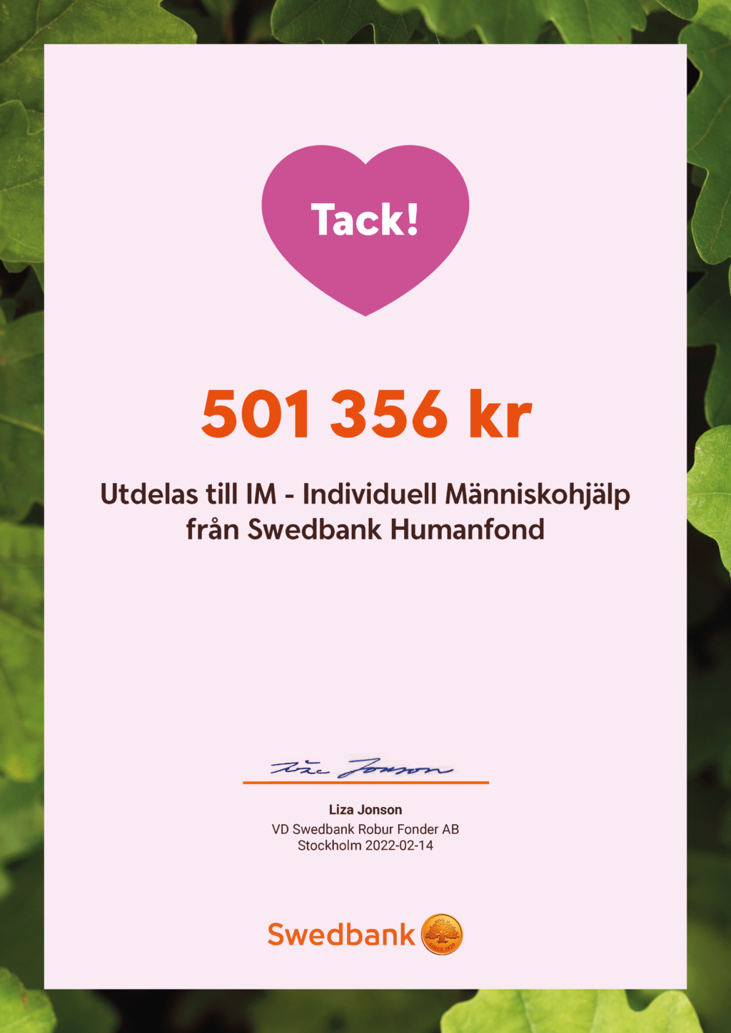 Diplom som visar att 501356 kronor gick till IM från Humanfonden 2021.