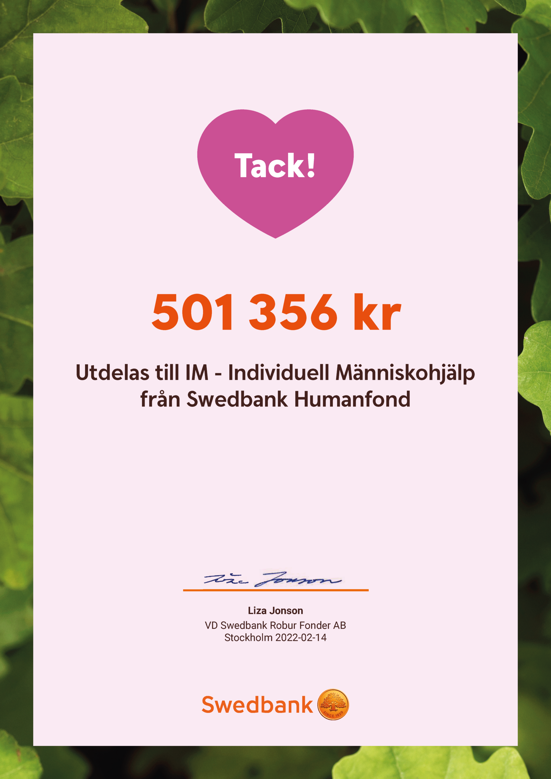 Diplom som visar att 501356 kronor gick till IM från Humanfonden 2021.